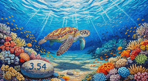 Fototapeta Naklejka Na Ścianę i Meble -  Mosaic turtle swimming gracefully through a vivid coral reef in sunlit ocean depths showcasing