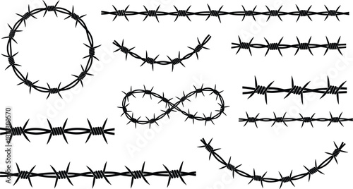 Barbed wire shape variation vector set with loop, V-shape, infinity, straight and curved segments, security fencing design, black silhouette illustration, flavector