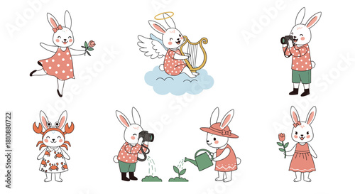 Collection of cute cartoon bunnies engaged in various activities like playing music, gardening, and photography.