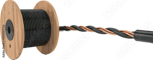 Realistic wooden spool of black electrical wire with twisted copper strands isolated on white background vector illustration for industrial power, electricity supply, and construction wiring jobs.
