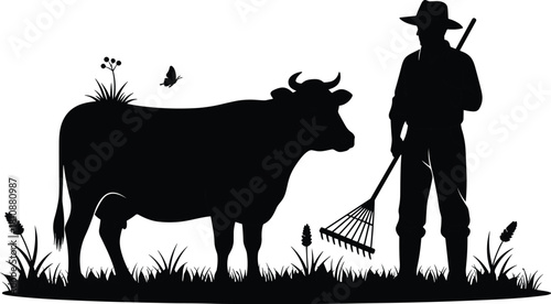 Farmer silhouette, cow standing, rural field, traditional agriculture, peaceful pasture, livestock care, nature scene, black and white, countryside life, farming tools, butterfly flying, flavector**