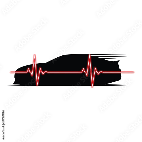 A sleek black sports car silhouette speeds along, accentuated by a vibrant red heartbeat line, isolated on white background, symbolizing automotive passion and vitality