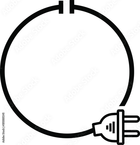 Black line art vector icon of an electric circuit loop featuring a power plug and a capacitor symbol isolated on white for electrical engineering design concepts.