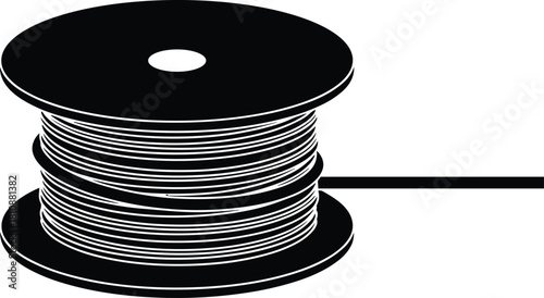 Black and white silhouette of spool with wire, industrial thread reel, sewing supply, minimal design, isolated vector, clean background