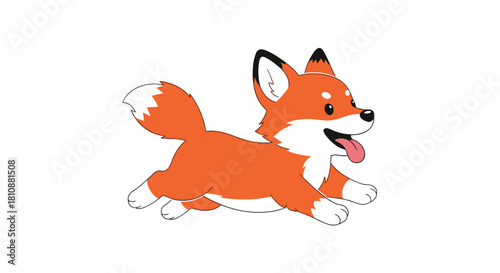 Cute cartoon fox running playfully with its tongue out and bushy tail wagging.