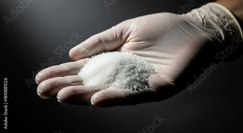 Hand in glove holding white powder substance against dark background.