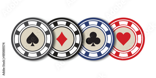 Poker chips color icons vector set. Playing poker concept. Isolated Casino poker chip logo. Poker symbols vector.