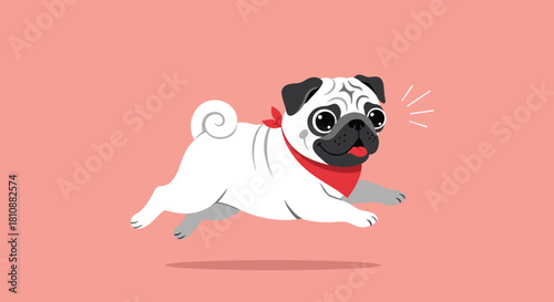 A happy cartoon pug dog, with a red bandana, playfully running or jumping in the air on a plain pink background.