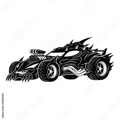 A menacing black monster car isolated on white background, featuring aggressive spikes, a supercharged engine, and a fierce design for extreme racing