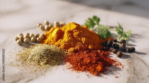 A Close-Up Image of Various Spices Including Turmeric