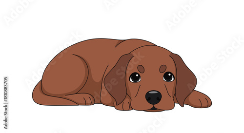 A sweet and innocent brown cartoon puppy with big, expressive eyes lies resting peacefully on a white background.