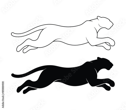 Running Panther and Cheetah Silhouette Outline Vector. Black Line Art and Solid Animal Mascot for Speed, Wild Life, and Sport Design.