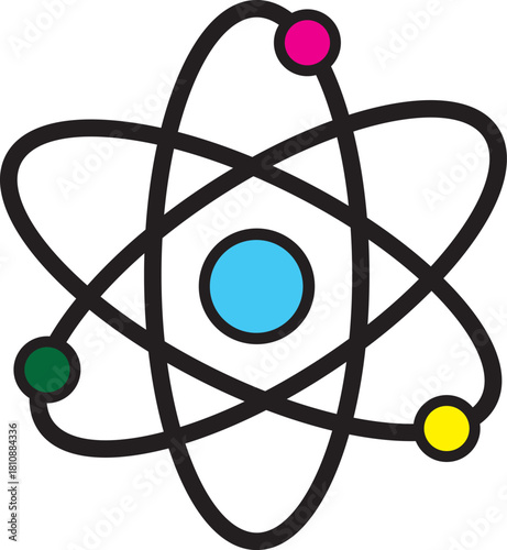 Simple cartoon drawing of an atom with a nucleus and orbiting electrons