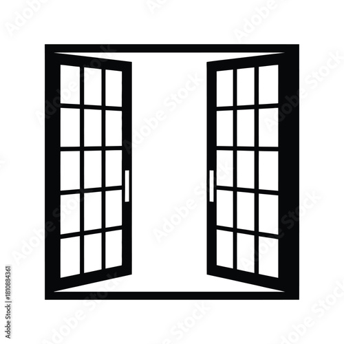 Open Double Window Silhouette Vector. Black Casement Frames for Home, Architecture, New Opportunity, Freedom, and Clear View Design.