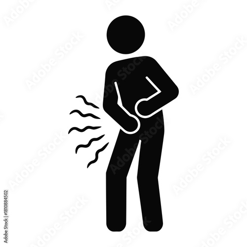 Stomach Pain Stick Figure Icon. Vector Black Glyph of Person Suffering from Abdominal Cramps, Indigestion, or Digestive Illness.
