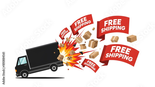 Free Shipping Delivery Truck with exploded Boxes Express Delivery Free Shipping Concept 