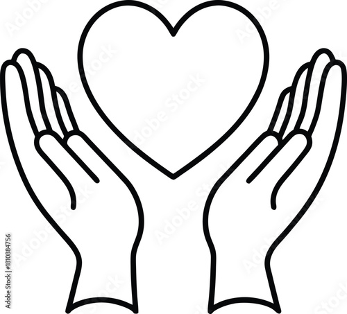 Heart held gently in open hands symbolizing love and care outline