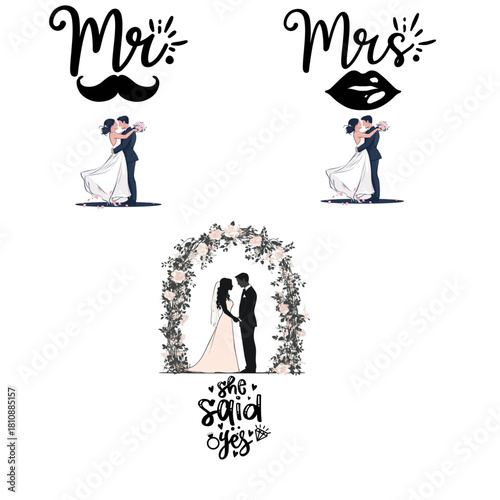 Romantic Wedding Couple Vector Set – Mr, Mrs & She Said Yes