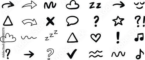 HandDrawn Black Doodle Elements on White Background Arrows, Cloud, Zzz, Shapes, Question Marks, and Musical Notes
