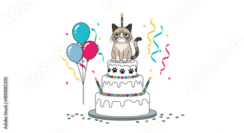Grumpy Cat, with its signature frown, sits on a decorated birthday cake with candles, surrounded by festive balloons, confetti, and streamers.