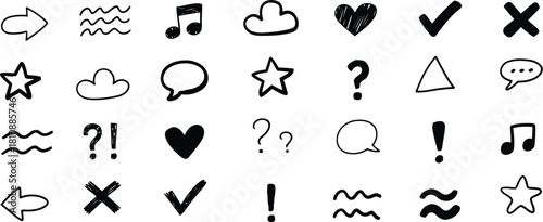 HandDrawn Symbols and Icons Set Arrows, Hearts, Stars, Clouds, Checkmarks, Speech Bubbles, and More