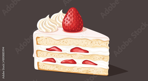 A delicious slice of strawberry shortcake with layers of fluffy sponge, fresh cream, and juicy strawberries, topped with whipped cream.