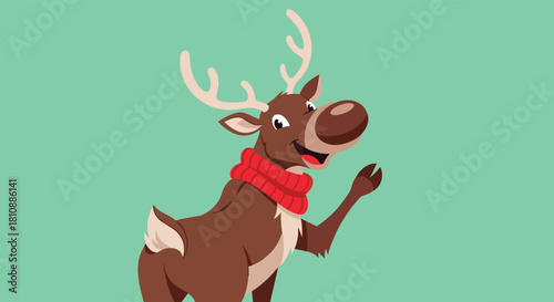 A cheerful cartoon reindeer with a red scarf waves, offering a friendly greeting for the festive holiday season.