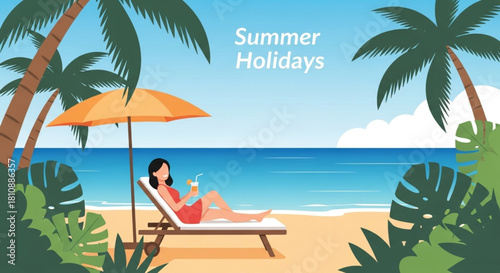 Escape to paradise with a woman enjoying summer holidays on a stunning beach, sipping a refreshing drink under a vibrant umbrella surrounded by tropical palms
