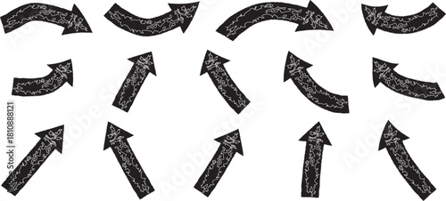 Hand drawn brush arrows and signs in grunge ink style. Curved, straight, Various bold brush drawn curved arrows. Collection doodle marker thick arrows in different directions.