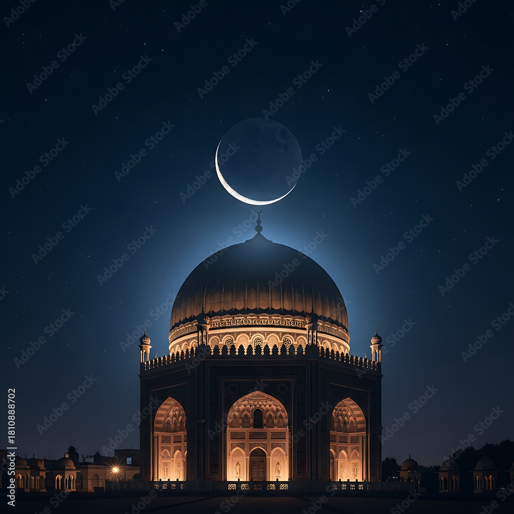 Fototapeta premium Enchanting Night View of Mausoleum Dome with Crescent Moon Symbolizing Islamic Faith Cultural Heritage Under Starry Sky