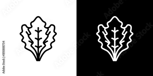 Stylized line art icon of a healthy leafy vegetable, presented in a crisp black and white minimal design, ideal for nutrition and organic themes