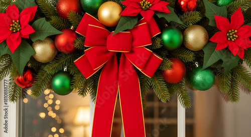 Festive Christmas Garland with Red Bow, Poinsettias, and Colorful Ornaments.