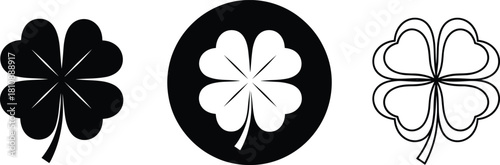 Four-Leaf Clover Symbol Set with Solid, Circular, and Outline Lucky Shamrock Designs