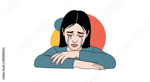 Heartbroken woman with tears streaming down her face expressing deep sadness and grief against a modern abstract background for mental health awareness