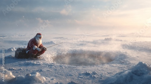 A misty morning scene of Santa Claus fishing through a hole in the ice at the North Pole, 8k, realistic, full ultra HD, high resolution, cinematic photography