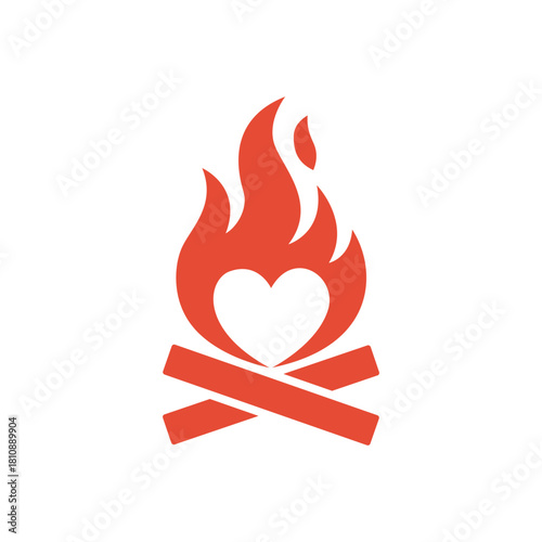 Burning Love Campfire Illustration with Heart Flame Concept for Romance and Passionate Relationships Symbolizing Warmth and Connection