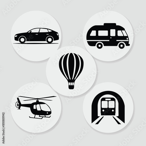 Black and white illustration depicting various modes of transportation including car rv balloon helicopter and train ideal for transportation concepts