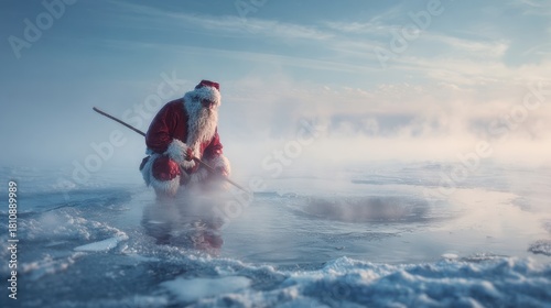 A misty morning scene of Santa Claus fishing through a hole in the ice at the North Pole, 8k, realistic, full ultra HD, high resolution, cinematic photography