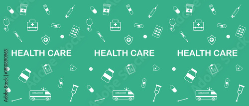 Health care pattern with medical icons including syringes pills bottles, first-aid kits stethoscopes and ambulance symbols on a green background, ideal for hospital materials, health awareness