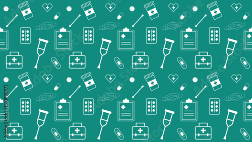 Medical pattern featuring pills bottles crutches first-aid kits heart symbols syringes and medical notes on a teal background, ideal for healthcare materials clinic hospital and wellness communication