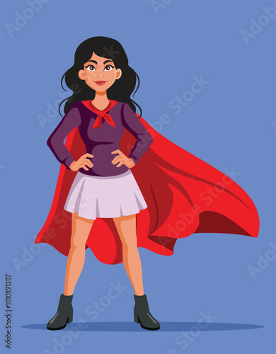 Superhero Woman Wearing a Red Cape Vector Cartoon Character. Inspirational female character being super powerful, independent, l and strong 
