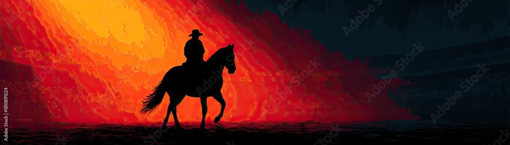 Naklejka premium Cowboy and horse perform in vintage-style rodeo concept. A silhouette of a rider on horseback against a vibrant sunset.