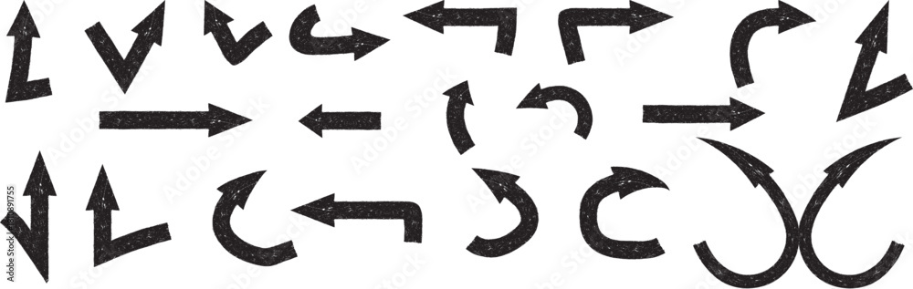 Fototapeta premium Hand drawn brush arrows and signs in grunge ink style. Curved, straight, Various bold brush drawn curved arrows. Collection doodle marker thick arrows in different directions.