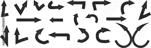 Hand drawn brush arrows and signs in grunge ink style. Curved, straight, Various bold brush drawn curved arrows. Collection doodle marker thick arrows in different directions.