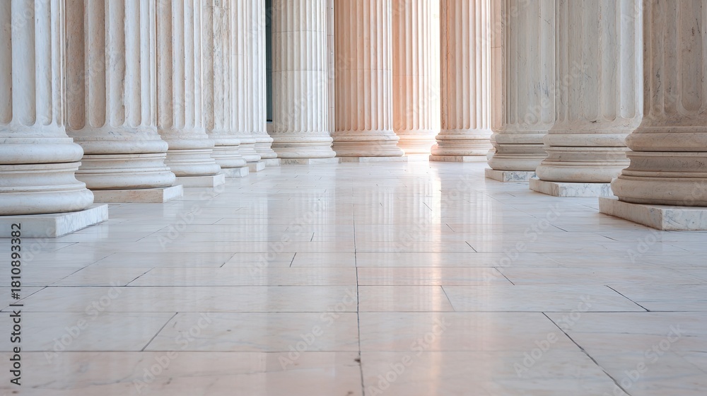 Fototapeta premium colonnade. Polished marble floor reflecting classical columns in symmetrical architecture. real-estate listings.