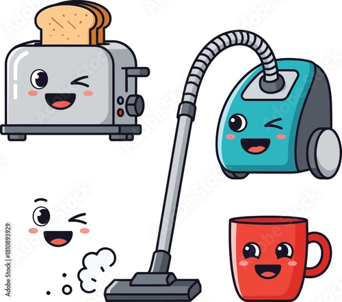 Adorable kitchen appliances and vacuum cleaner cartoon characters with happy faces bring a touch of whimsy to cleaning and household chores
