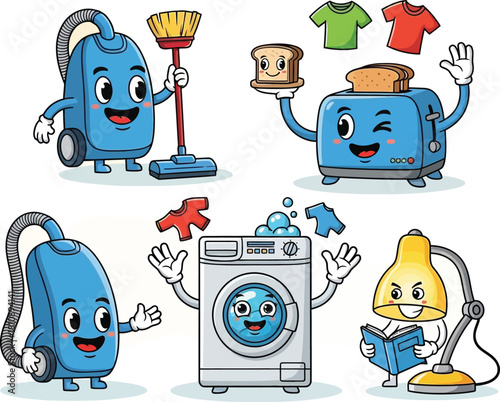 Whimsical cartoon appliance characters bring joy to household chores, offering a lighthearted take on cleaning, cooking, and laundry with smiles and playful charm