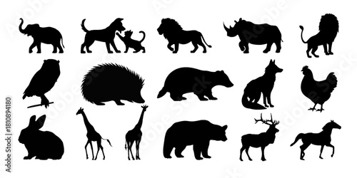 animal silhouettes, simple black and white, minimalist, vector style, elephants, cats, dogs, birds, rabbits, bears, giraffes, deer, rhinoceros