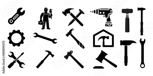 construction, handyman, tools, silhouette, hammer, screwdriver, wrench, pliers, drill, saw, tool belt, repair, build, worker icon illustration