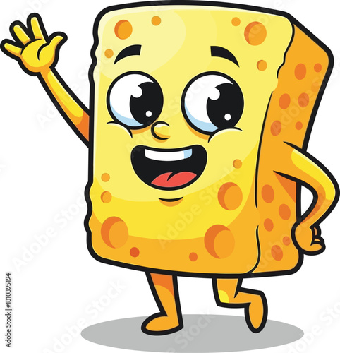 Cheerful cheese cartoon waving hello with a bright smile, perfect for food brands, kids' menus, and playful nutrition campaigns to add a touch of fun